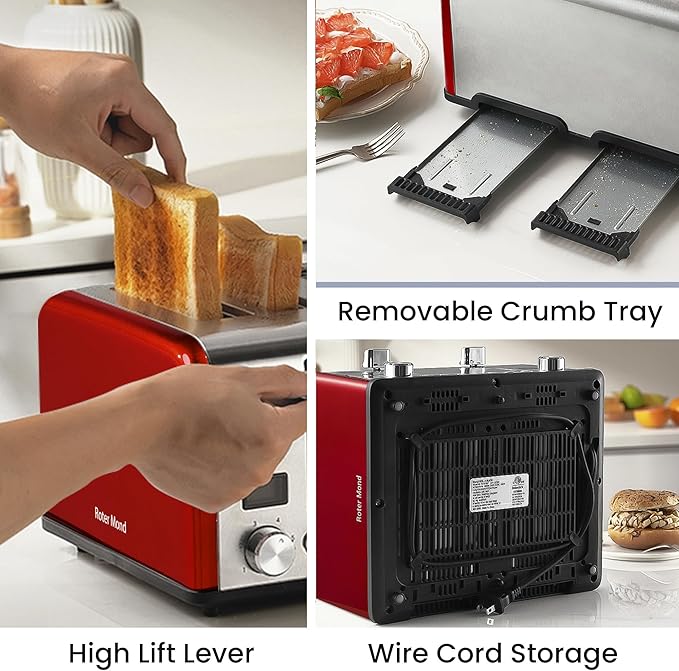 Roter Mond Countdown Stainless Steel 4 Slice Toaster with Bagel Defrost Cancel Function Dual Toaster Extra Wide Slots 6 Shade Settings Removable Crumb Trays 1650W Red