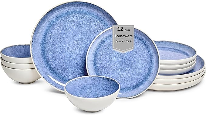 Sango 12-Piece Stoneware Dinnerware Set for 4 Light Blue Reactive Glaze on White Plates and Bowls Sets Kitchen Ceramic Dish Set Modern Dishes for Everyday Dining Microwave &amp Dishwasher Safe C