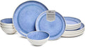Sango 12-Piece Stoneware Dinnerware Set for 4 Light Blue Reactive Glaze on White Plates and Bowls Sets Kitchen Ceramic Dish Set Modern Dishes for Everyday Dining Microwave &amp Dishwasher Safe C