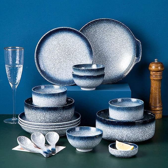 Stylish Dinner PlatesCeramics Dinner Sets 48 Pieces Blue Glaze Cereal Bowl and Steak Plate | Japanese-Style Porcelain Dinnerware Set for Family Gathering