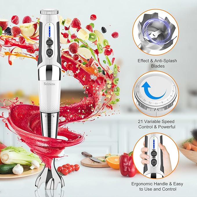Cordless Immersion Blender: 4-in-1 Rechargeable Cordless Hand Blender 21-Speed &amp 3-Angle Adjustable with Chopper Beaker Whisk Beater for Milkshakes | Smoothies | Soup Baby Food (White)