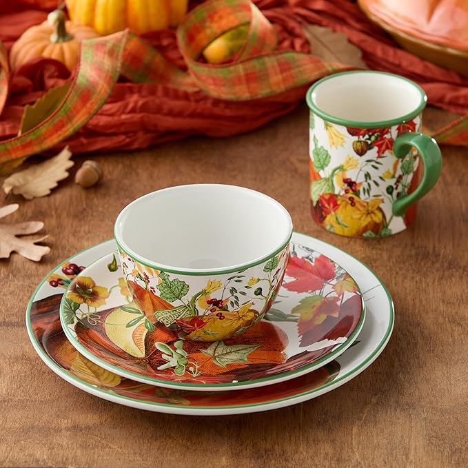 Harvest Fields 16-Piece Ceramic Dinnerware Set Service for 4 – Rustic Farmhouse Plates Mugs &amp Bowls for Cozy Dining &amp Entertaining