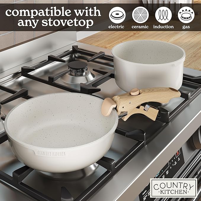 Country Kitchen Cookware Set with Removable Handle Oven &amp RV Safe Pots and Pans Set Cream Gold Speckle Wood Handle Original