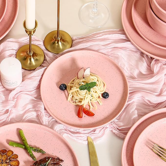 GZG Ceramic Dinner Salad Plates Set of 4 8 Inch Speckled Dinnerware Dessert Plates with Clay-Tone Base Microwave Oven Dishwasher Safe