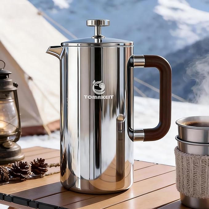 1L/34 Oz French Press Coffee Maker304 Stainless Steel Coffee PressDurable &amp Easy CleanLeak-Proof DesignPrensa Francesa Para Cafe for HomeOfficeCamping (Silver-Upgrade)