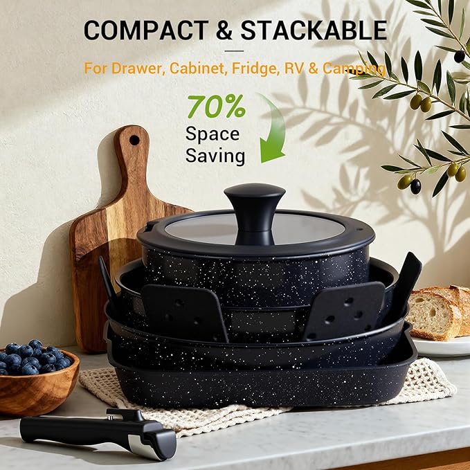 Ammeloo 21 Pcs Pots and Pans Set Non Stick with Detachable Handle &amp Grill Pan Induction Ceramic Cookware Set Non Toxic Kitchen Pots and Pans Set for RVsCamping Oven/Dishwasher Safe Black