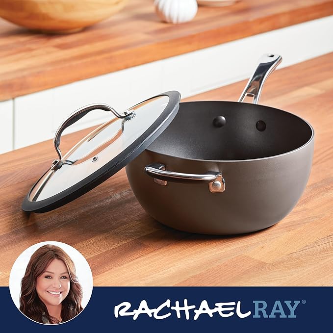 Rachael Ray Cook + Create Hard Anodized Nonstick Saucier Pan/Saucepan with Lid and Helper Handle 4.5 Quart - Black