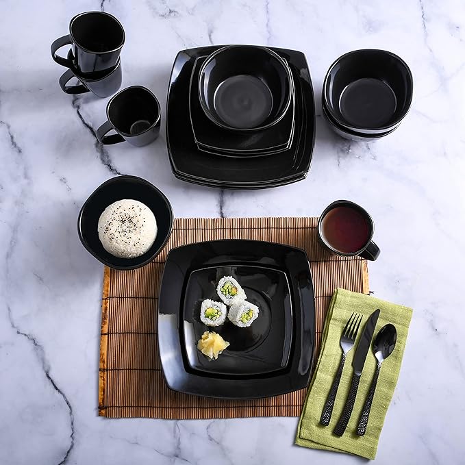 Gibson Elite Soho Lounge Square Reactive Glaze Stoneware Dinnerware Set Service for 4 (16pc) Black
