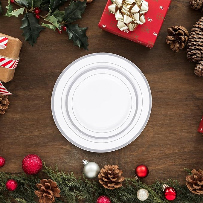 JollyPack 100 Piece Disposable Silver Plastic Party Plates Including 50 10 Inch Dinner Plates and 50 7 Inch for Dessert Great for Parties Weddings Home Use and Christmas