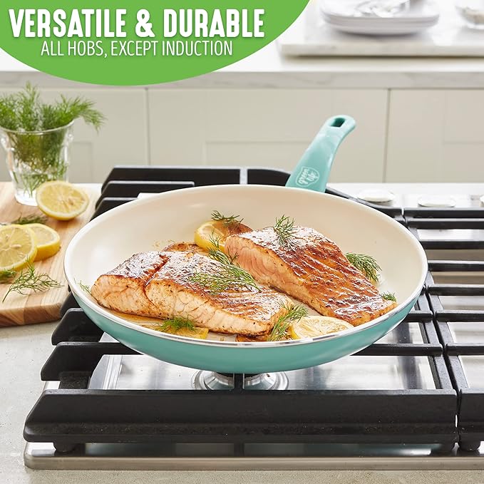 GreenLife Soft Grip Healthy Ceramic Nonstick Cookware Set 7 10 and 12 Frying Pan Skillets 1QT and 2QT Saucepans with Lids PFAS &amp PFOA-Free Dishwasher Safe Turquoise