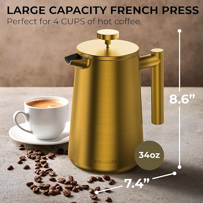 French Press Coffee Maker Stainless Steel French Press 34 Oz / 1L Large Insulated Double Wall Coffee Maker with 3 Extra Mesh Filters Satin Finish Gold