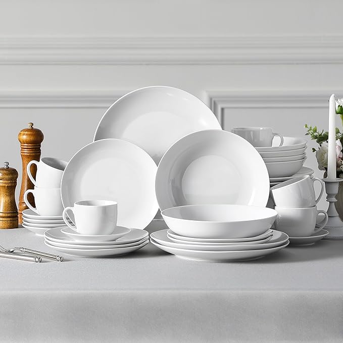 MALACASA 30-Piece Gourmet Porcelain Dinnerware Sets Modern White Round Dish Set for 6 - Premium Serving Plates and Bowls Sets for Dessert Salad Soup Pasta - Series AMELIA