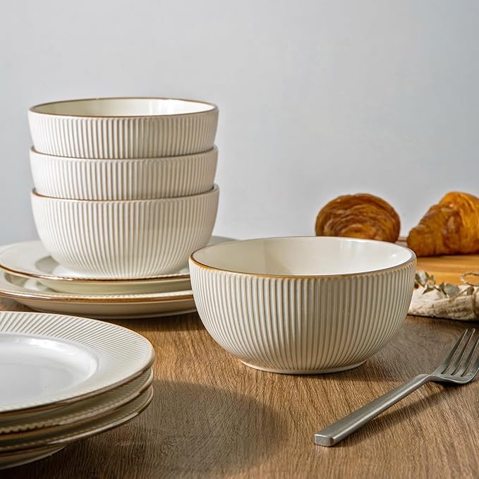 GBHOME Ceramic Dinnerware Sets 24 pcs Embossed Elegant Stoneware Plates and Bowls Sets Housewarming Wedding Gift | Dishwasher &amp Microwave Safe | Dishes Set Service for 8
