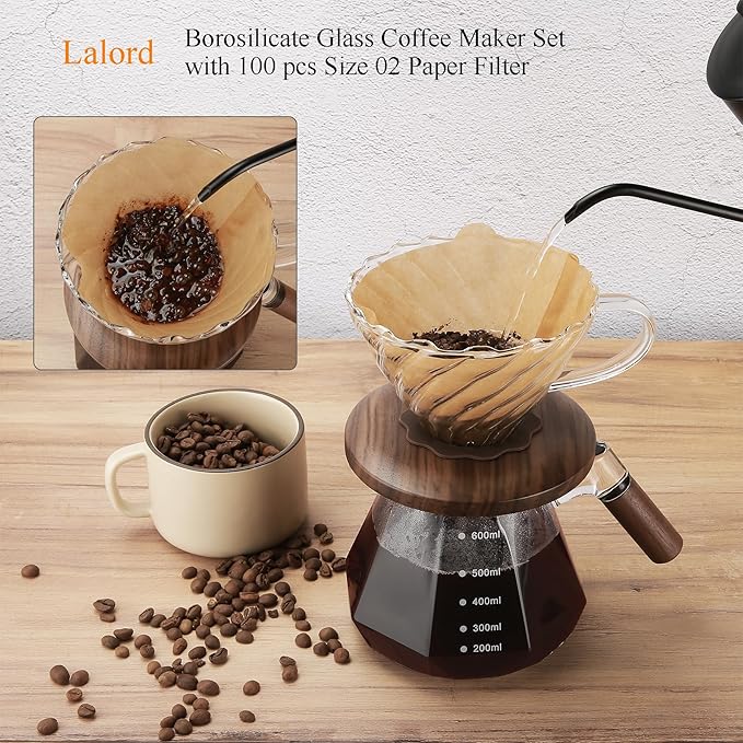 Pour Over Coffee Maker 20 oz Borosilicate Glass Set with 100 pcs Paper Filter Coffee Dripper with Walnut Collar Coffee Pot with Glass Lid 1-3 Cups Clear (600 ml)