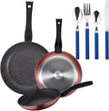 Pack of 3 Pans Diameter 20/24 and 28 cm + 24 Pieces Stainless Steel Cutlery Set with Blue Handles