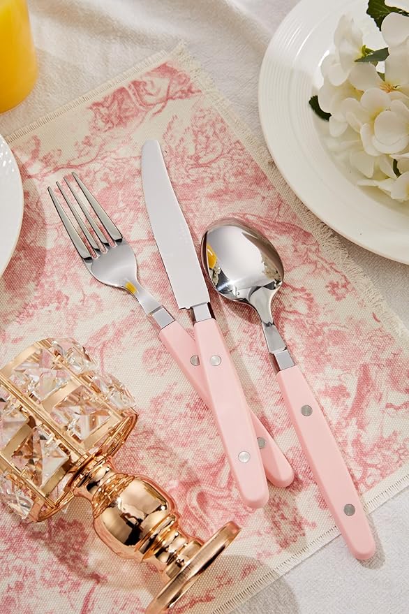ANNOVA Silverware Set Retro/Rivet Colorful Stainless Steel Tableware Kitchen Flatware Set Utensils Includes Dinner Knives Forks Spoons Salad Forks &amp Dessert Spoons (Light Pink 20 Pieces)