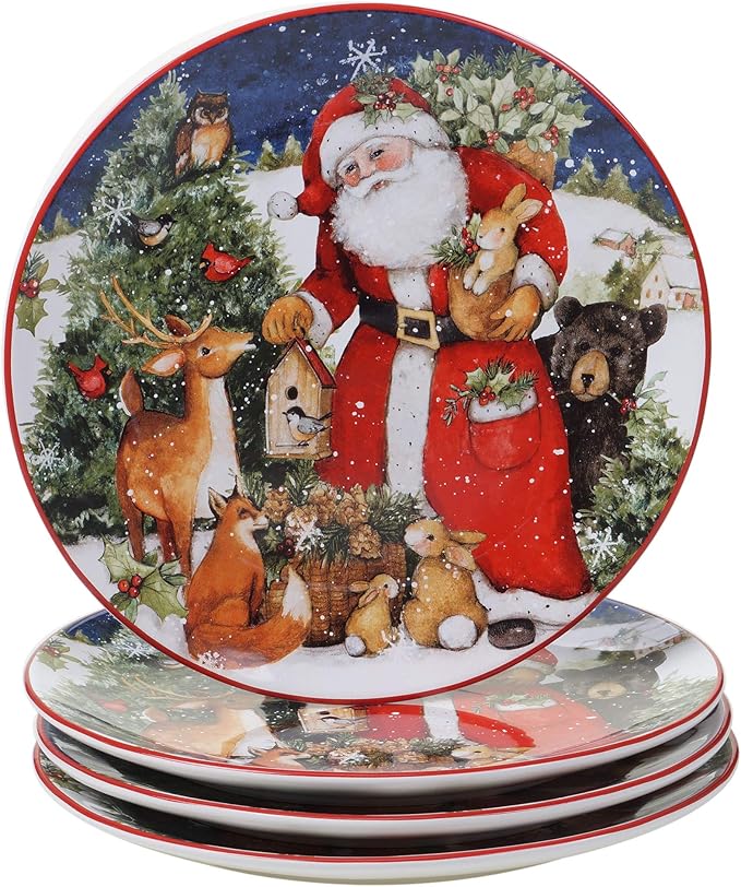 Magic of Christmas 16pc Ceramic Dinnerware Set – Santa and Woodland Animals Holiday Plates Bowls &amp Mugs Dishwasher &amp Microwave Safe Festive Christmas Tableware