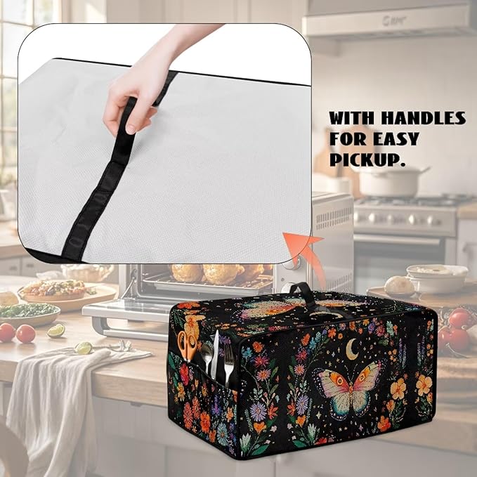 Butterfly Flower Toaster Oven Cover Heavy Duty Heat-resistant Waterproof Dust-Proof Protective Case with Side Pockets for Bake Air Fry Toaster Oven Easy Maintenance
