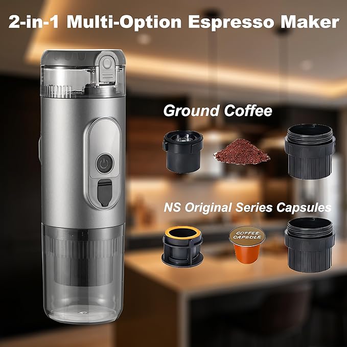 Portable Electric Espresso Machine Travel Coffee Maker 20 bar Mini Espresso Self-Heating Car Coffee Maker Compatible with Ground Coffee &amp NS Capsule for Camping RV Hiking Offic Gray