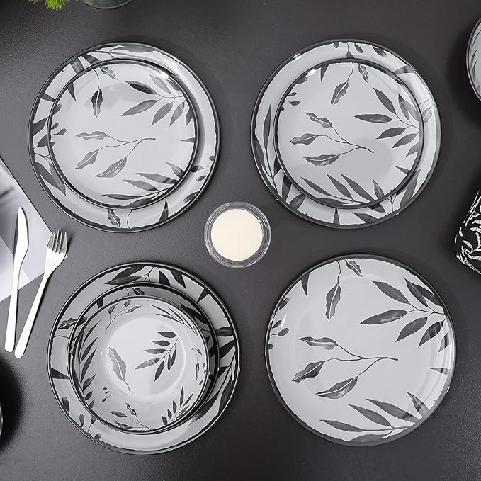 12pcs Melamine Dinnerware Set - Service for 4 Melamine Plates and Bowls Set Unbreakable Dinner Salad Dessert Plate Cereal Bowl Set for Indoor/Outdoor Gray Leaf