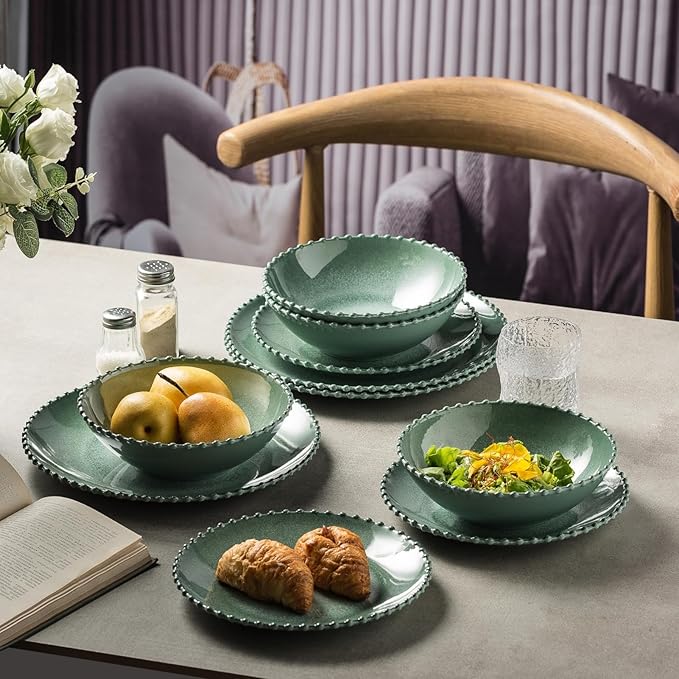 MissYIP 12 Piece Melamine Dinnerware Sets Service for 4 Lightweight Unbreakable BPA Free Food Grade Plates Sets Dishwasher Top Safe Not Microwave Not Oven Indoor and Outdoor Use