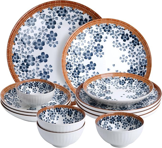 12-Piece Cherry Blossom Dinnerware Set Japanese Sakura Porcelain Plates &amp Bowls Service for 4 Microwave and Dishwasher Safe