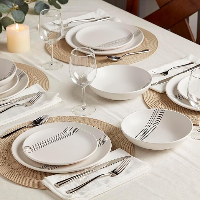 Tabletops Gallery 12-Piece Embossed White Black Striped Stoneware Dinnerware Set of Kitchen Dishes Round Dinner Salad Plates Cereal Bowls Service for 4 Skye