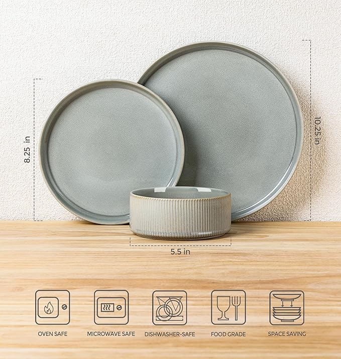 TheTerra Ceramic Dinnerware Sets for 4 12 Pieces Porcelain Lightweight Plates and Bowls Sets Scratch Resistant Dish Set Oven &amp Microwave &amp Dishwasher Safe Desert Sage