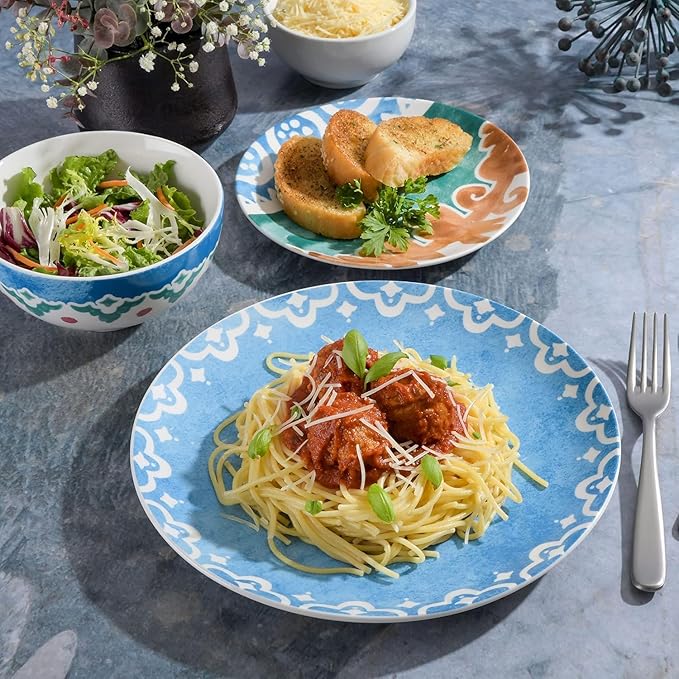 18-Piece Ceramic Dinnerware Set – Round Plates and Bowls with Colorful Patterns Microwave &amp Dishwasher Safe Tableware for 6 (Golen Blue)