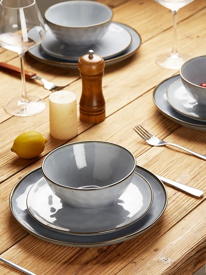 Famiware Ocean Round 12 Pieces Dinnerware Set + 6 Pieces Dipping Bowl Set Microwave and Dishwasher Safe Blue