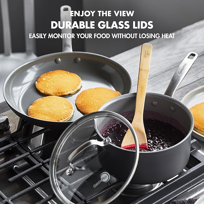 GreenPan Chatham Hard Anodized Healthy Ceramic Nonstick 10 Piece Cookware Pots and Pans Set Frying Pan Skillets Saucepans Saute Pan Stockpot Lids PFAS-Free Dishwasher &amp Oven Safe Gray