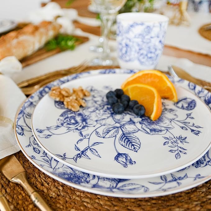 Blue Rose Plates and Bowls Sets Dishes Set for 4 Ceramic Plates and Bowls Set Service for 4 Bone China Dinnerware Set Salad Dessert Plates and Cereal Bowls Set Microwave safe by KOKEN