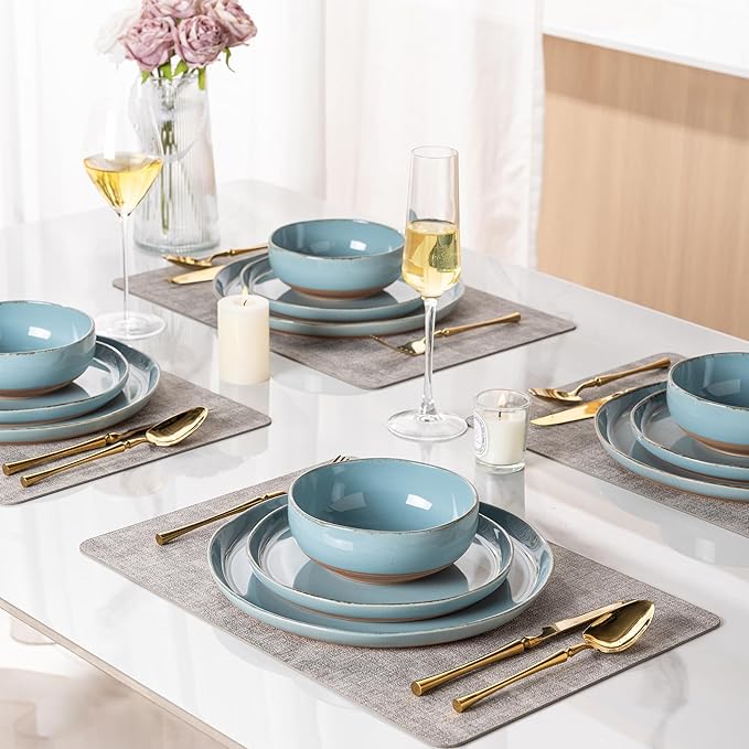 AmorArc Ceramic Dinnerware Sets for 4 12 Pieces Handpainted Plates and Bowls Set with Rustic Terracotta Underside Scratch Resistant Stoneware Dishes Set Dishwasher &amp Microwave Safe