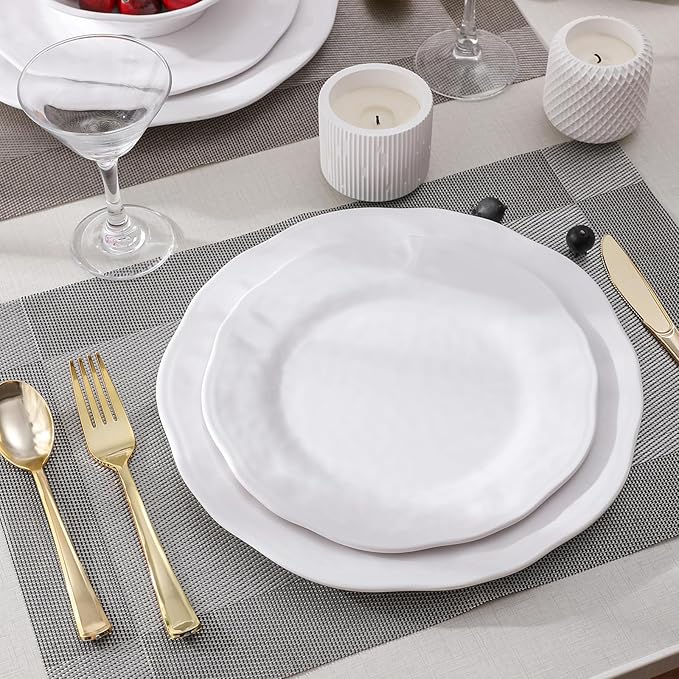 White Melamine Dinnerware Set 18 Pcs Lightweight and Unbreakable Outdoor Plates and Bowls Sets Camping Melamine Dishes Set for 6 Chip Resistant Kitchen Plates for Indoor and Outdoor Use