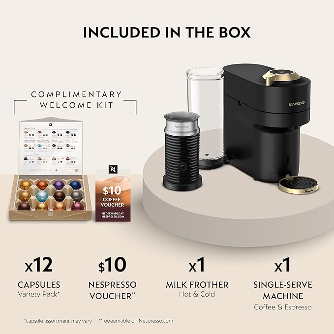 Nespresso Vertuo Pop+ Deluxe Coffee and Espresso Maker by Breville with Milk Frother Matte Black Gold