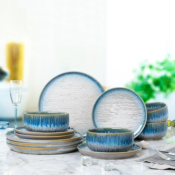 Joseph Sedgh Collection “Talia” 12-piece Stoneware Dinnerware Set with Reactive Glaze Finish Service for 4 Blue Reactive Glaze