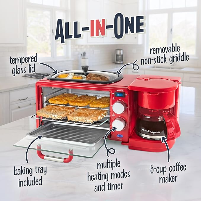 Nostalgia 3-in-1 Retro Breakfast Station - Includes 5 Cup Coffee Maker Non-Stick Ceramic Griddle and 4-Slice Toaster Oven - Built-In Timer Reusable Coffee Filter Space-Saving Design - Red
