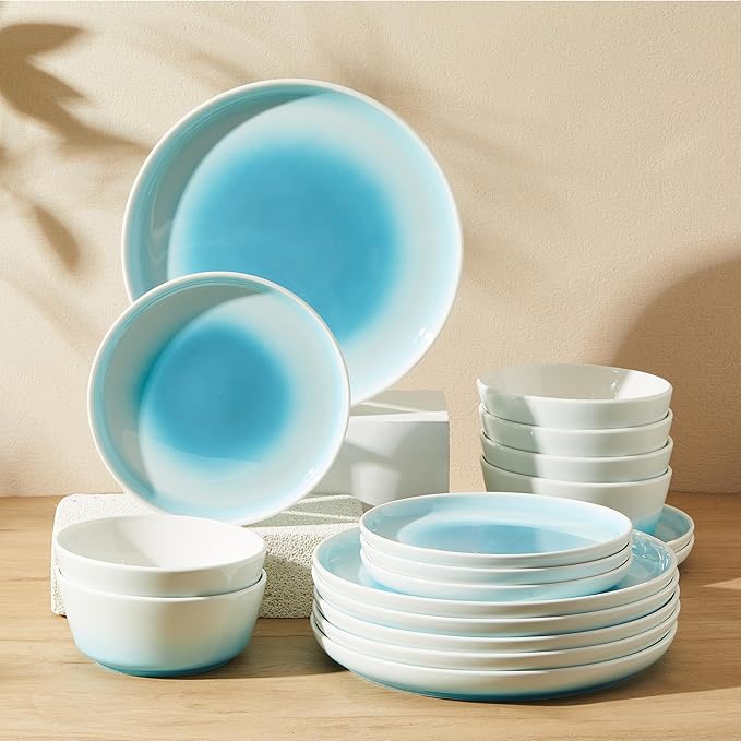 Sweese Porcelain Dinnerware Sets Handpainted Plates and Bowls Set for 6 Scratch Resistant Dinner Set Dishwasher and Oven Microwave Safe Dishes Set Blue
