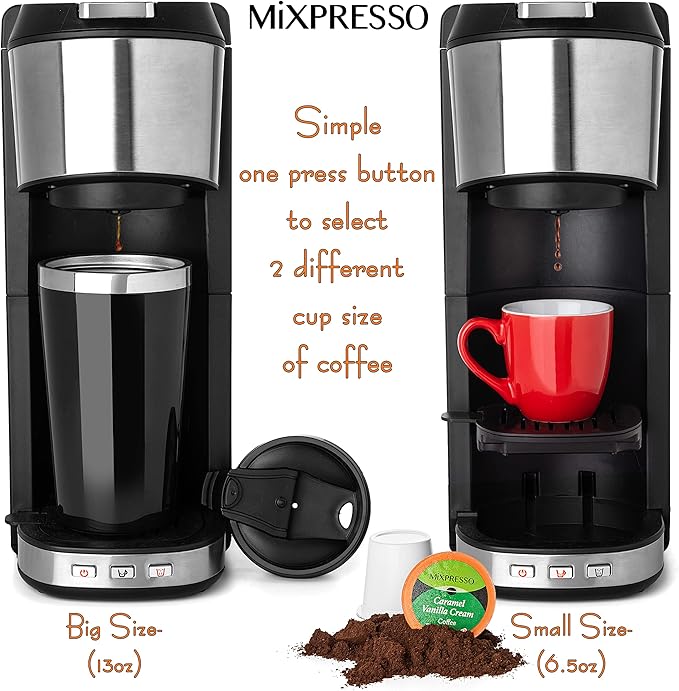 Mixpresso Coffee Maker Single Serve For Ground Coffee &amp Compatible With K Cup Pods With 14oz Travel Mug &amp Reusable Filter For Home Office &amp Camping 30oz Removable Water Tank.