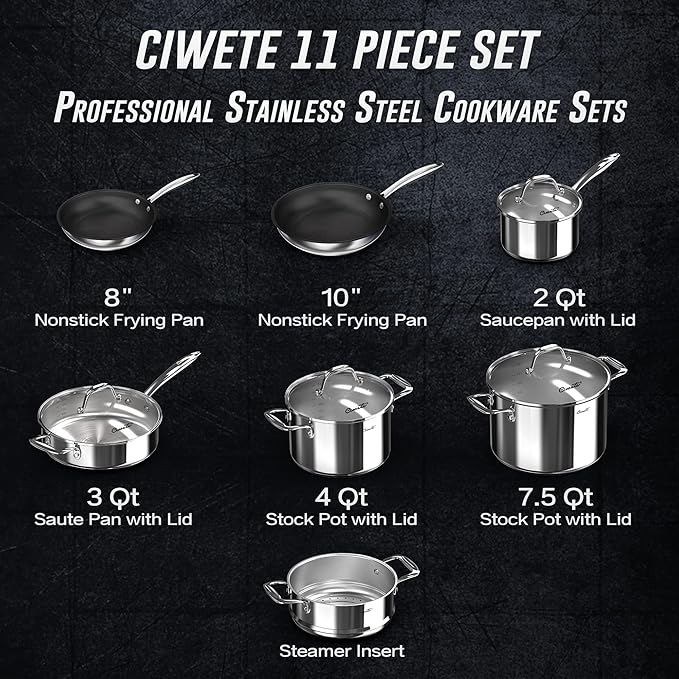 Tri-Ply Stainless Steel Pots and Pans Set 11-PC &amp 2 Quart Sauce Pan with Lid