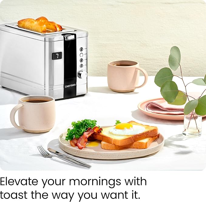 Chefman 2-Slice Digital Toaster Pop-Up Stainless Steel Extra-Wide Slots For Bagels Defrost Reheat Cancel Functions Removable Crumb Tray