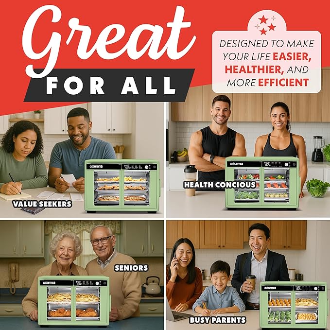 Gourmia French Door Air Fryer Oven - 37 Qt Large Capacity Convection Toaster Oven FryForce 360° Digital Display 12 Cooking Presets Dehydrate Fits 13” Pizza Dishwasher-Safe Green