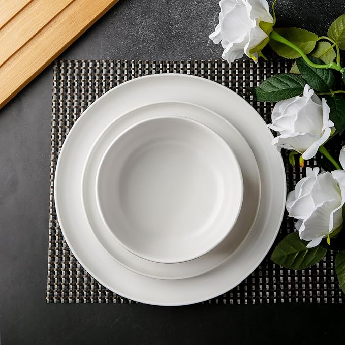 AmorArc Ceramic Dinnerware Sets Wavy Rim Stoneware Plates and Bowls SetsDishwasher &amp Microwave &amp Oven Safe Dishes set Service for 6 (18pc)-Matte White