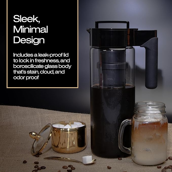 Takeya Glass Cold Brew Coffee Maker for Iced Coffee Airtight Pitcher Premium Quality 2 Quart Black Lid and Handle