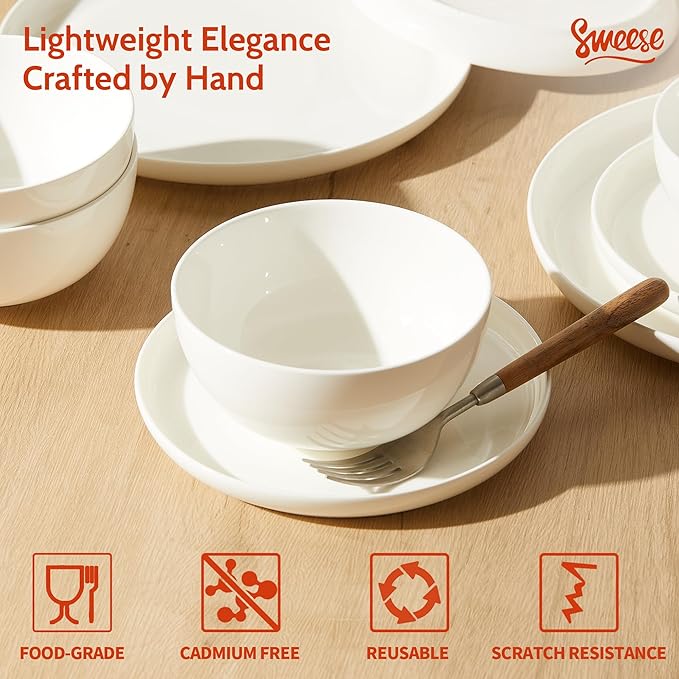 Sweese Porcelain Dinnerware Set of 6 Lightweight Round Plates and Bowls Set - Dishwasher Microwave Oven Safe Scratch Resistant Dinner Sets Kitchen Dishes Set - White