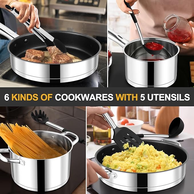 Walchoice 15-Piece Stainless Steel Cookware Set 3-Ply Base Kitchen Pots and Pans Set Non-toxic Induction Cooking Set Including Frying Pan Saucepan Oven &amp Dishwasher Safe All Stoves Compatible