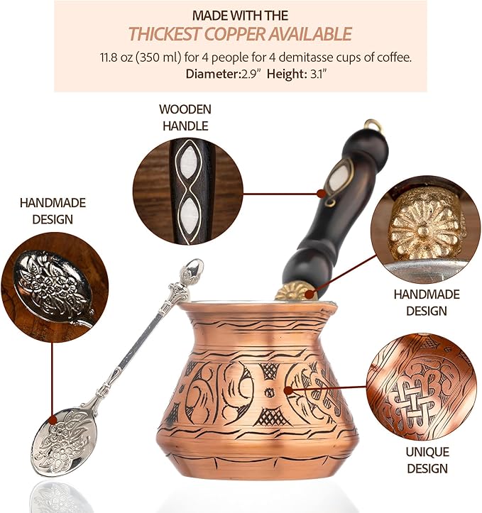 12 Oz Copper Turkish Greek Arabic Coffee Pot with Copper Handle - Cezve Ibrik Briki Stovetop Coffee Maker (Includes Copper Spoon) (4 servings)