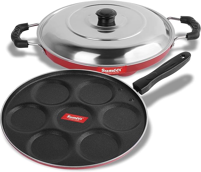 Sumeet 2.6mm Thick Non-Stick Currant Cookware set (Multi snack maker – 26.5cm Dia + Grill Appam Patra With Lid – 23cm Dia)