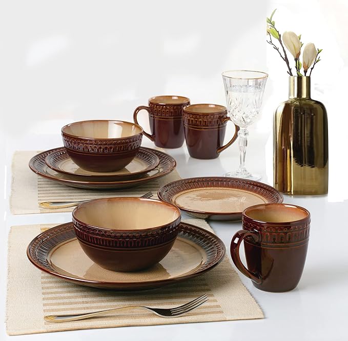 Elegant and Modern Stoneware Scroll Dinnerware Set for Hosting Parties and Events - Mojave 16 Piece