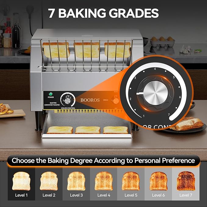 BOOROS Commercial Conveyor Toaster 450 Slices/Hour 2640W Heavy Duty Stainless Steel Commercial Toaster Seven Speed Rotating Toasters Machine for Bagels Buns Bread in RestaurantsBakeriesCafes110V